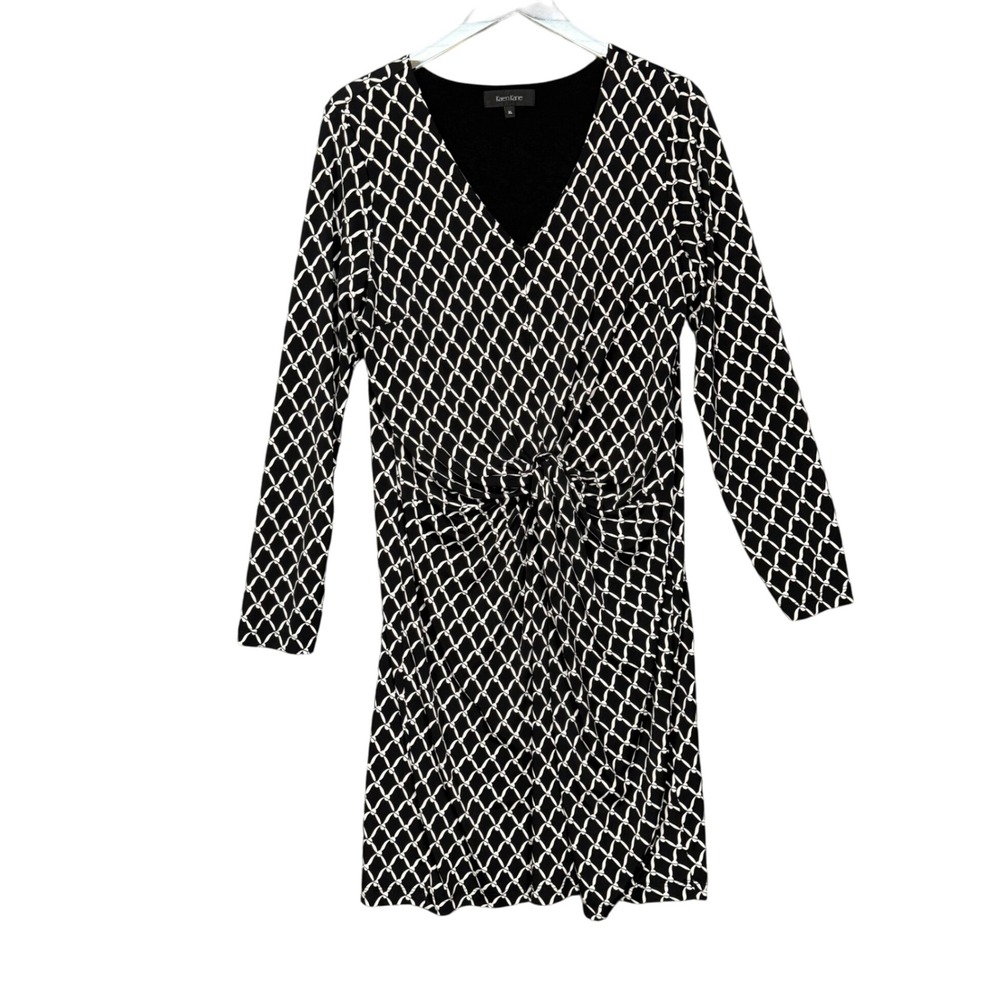 Karen Kane Dress Womens XL Geometric Print V-Neck Long Sleeve Knot Waist Stretch